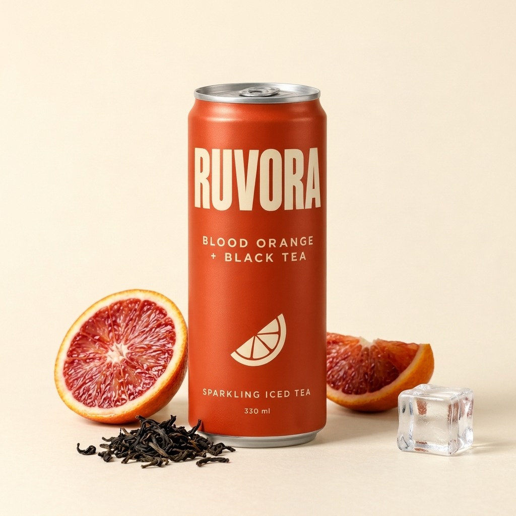 RUVORA can with blood orange, tea and ice in a studio still life