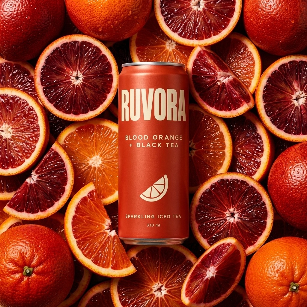 RUVORA sparkling iced tea can surrounded by blood oranges — fictional product concept